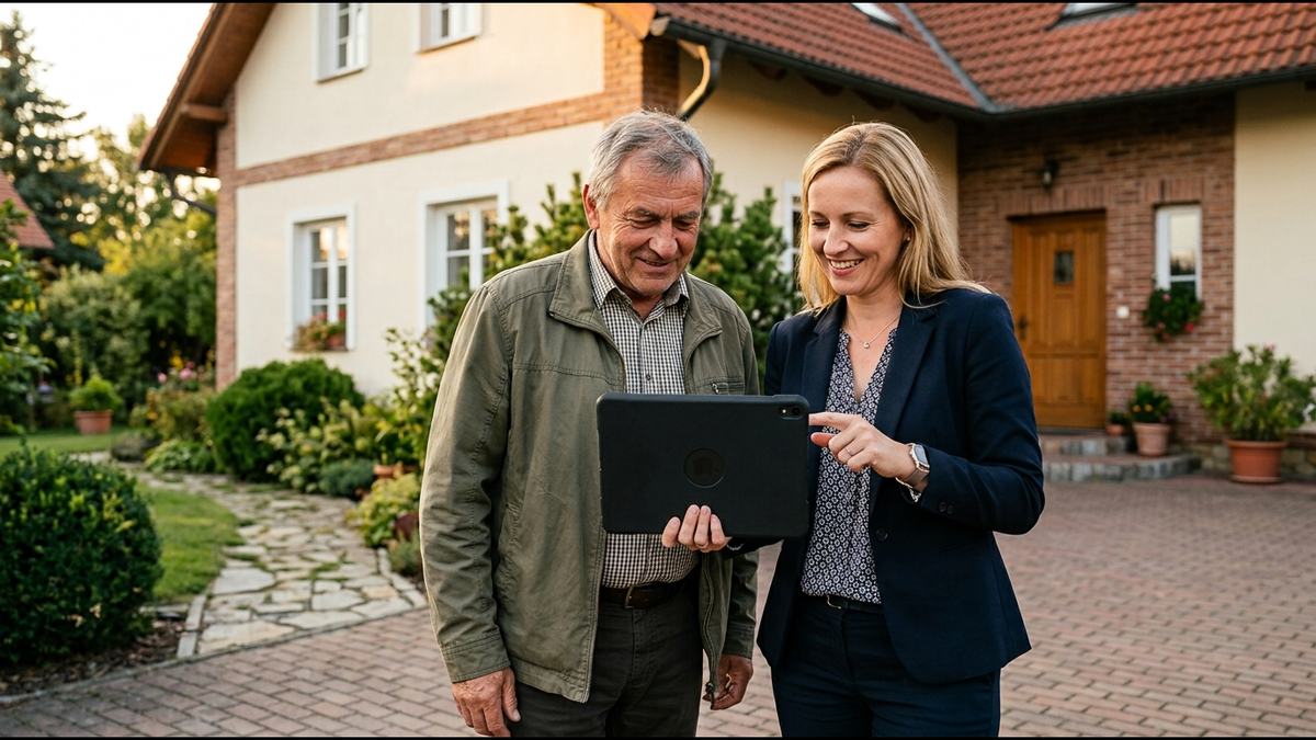 Realitní makléřka a majitel domu probírají podklady na tabletu před domem